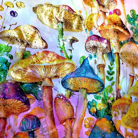 Rainbow Mushrooms and Blooms Mixed Media Original Art Collage Whimsical Art - Picture 2 of 6